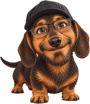 A dachshund wearing Billy's cap and glasses